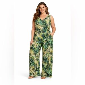 Marcelle Margaux Tropical Floral Green Sleeveless Wide Leg Jumpsuit 3X